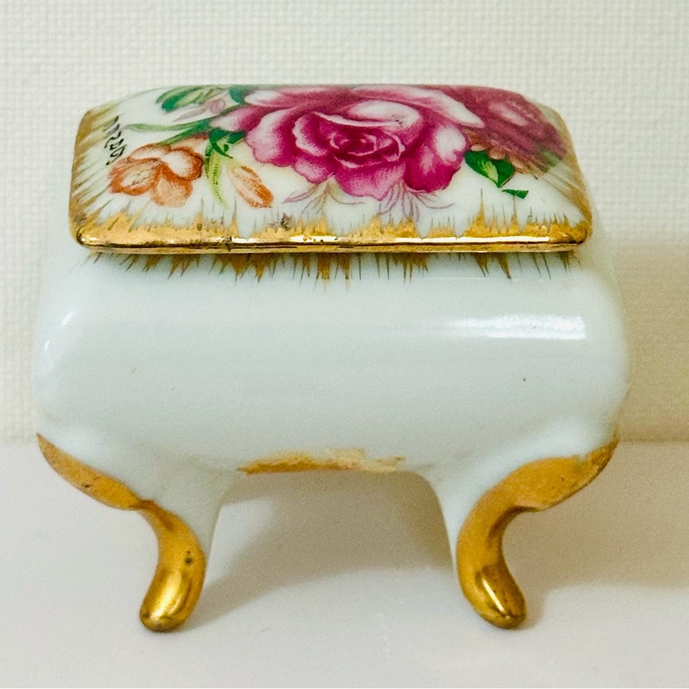 Vintage Floral Porcelain Made In Japan Trinket Box with Gold Accents